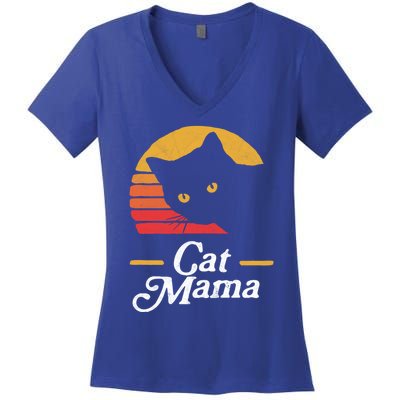 Cat Mama Vintage Eighties Style Cat Retro Distressed Gift Women's V-Neck T-Shirt