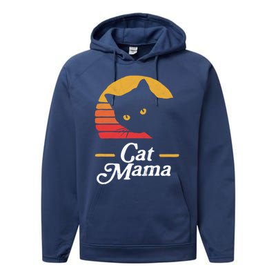 Cat Mama Vintage Eighties Style Cat Retro Distressed Gift Performance Fleece Hoodie