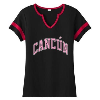 Cancun Mexico Varsity Style Pink Text Funny Gift Ladies Halftime Notch Neck Tee