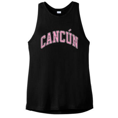 Cancun Mexico Varsity Style Pink Text Funny Gift Ladies PosiCharge Tri-Blend Wicking Tank