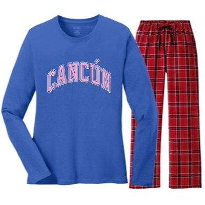 Cancun Mexico Varsity Style Pink Text Funny Gift Women's Long Sleeve Flannel Pajama Set 