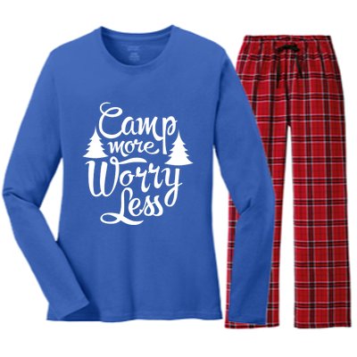 Camp More Worry Less Camping Lover Outdoor Mom Dad Gift Women's Long Sleeve Flannel Pajama Set 