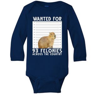 Capybara Mugshot Wanted For 93 Felonies Across The Country Baby Long Sleeve Bodysuit