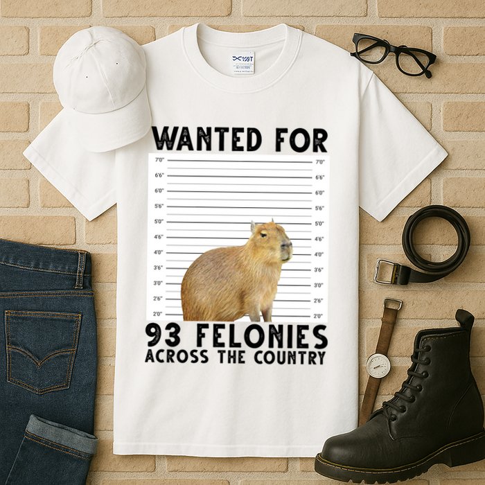 Capybara Mugshot Wanted For 93 Felonies Across The Country Tall T-Shirt