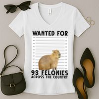 Capybara Mugshot Wanted For 93 Felonies Across The Country Women's V-Neck T-Shirt