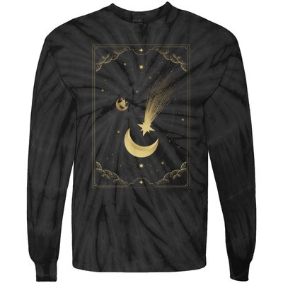 Crescent Moon With Shooting Star Tarot Card Tie-Dye Long Sleeve Shirt