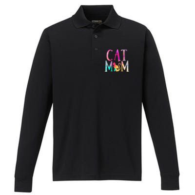 Cat Mom Water Color Funny Cat Owner Performance Long Sleeve Polo