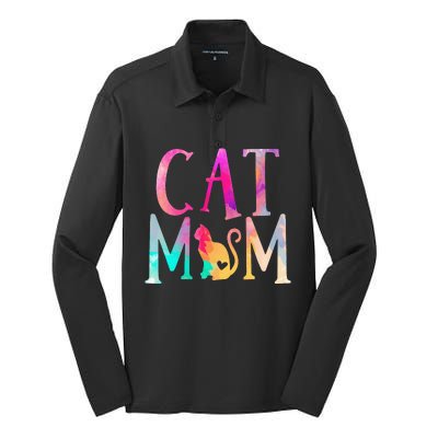 Cat Mom Water Color Funny Cat Owner Silk Touch Performance Long Sleeve Polo