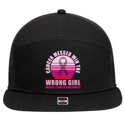 Cancer Messed Wih The Wrong Breast Cancer Awareness Great Gift 7 Panel Mesh Trucker Snapback Hat