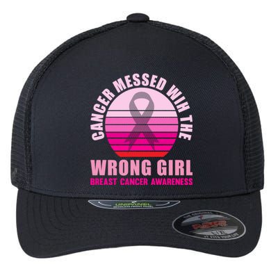 Cancer Messed Wih The Wrong Breast Cancer Awareness Great Gift Flexfit Unipanel Trucker Cap