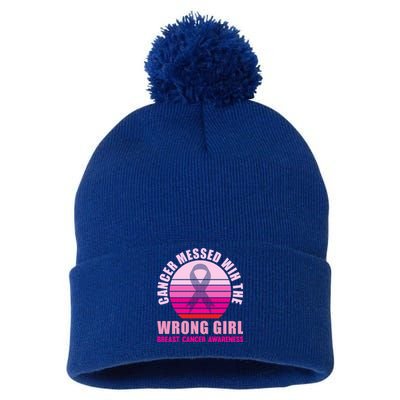 Cancer Messed Wih The Wrong Breast Cancer Awareness Great Gift Pom Pom 12in Knit Beanie