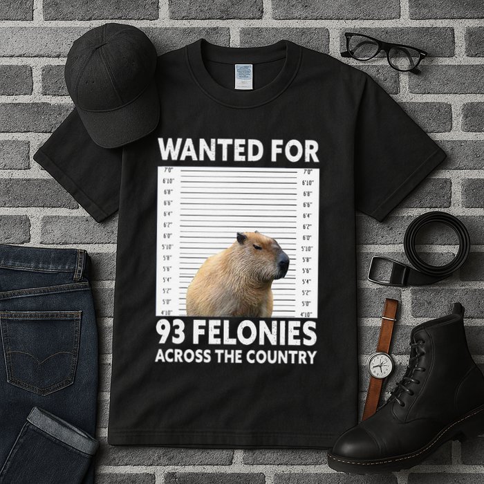 Capybara Mugshot Wanted For 93 Felonies Across The Country Tall T-Shirt