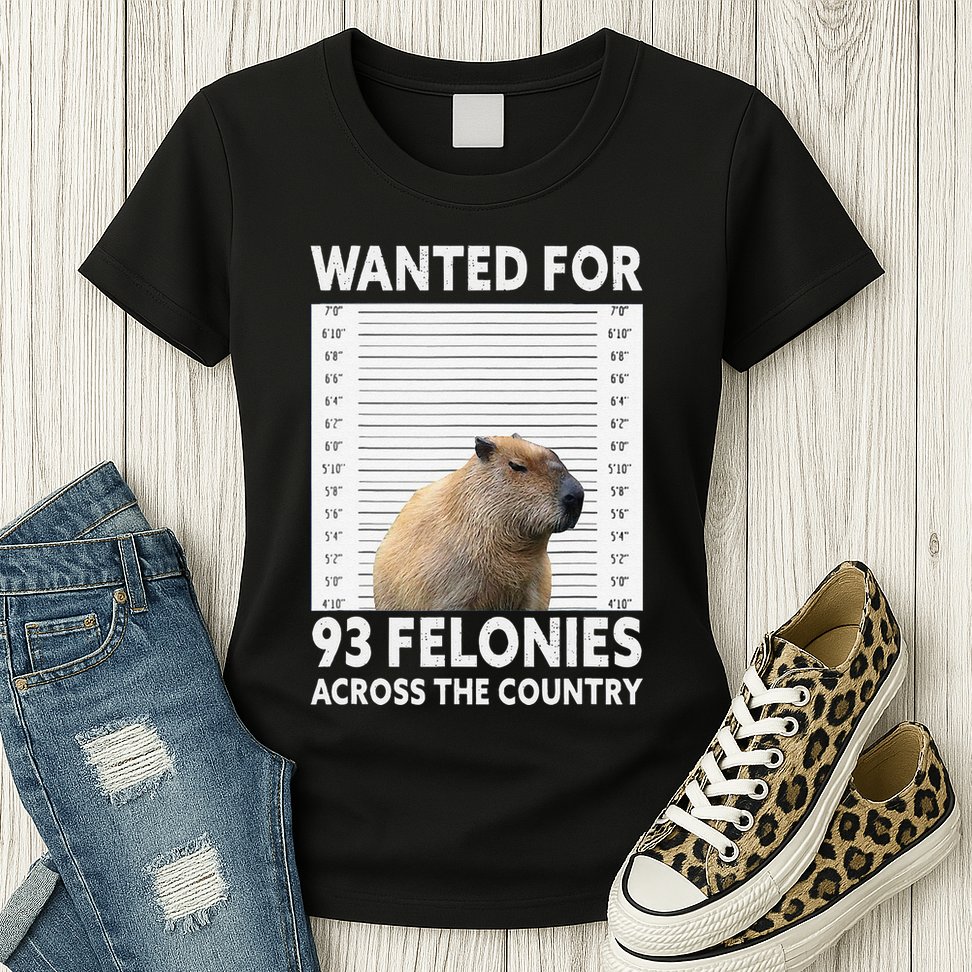 Capybara Mugshot Wanted For 93 Felonies Across The Country Womens T-Shirt