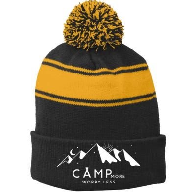 Camp More Worry Less Mountain Nature Stripe Pom Pom Beanie