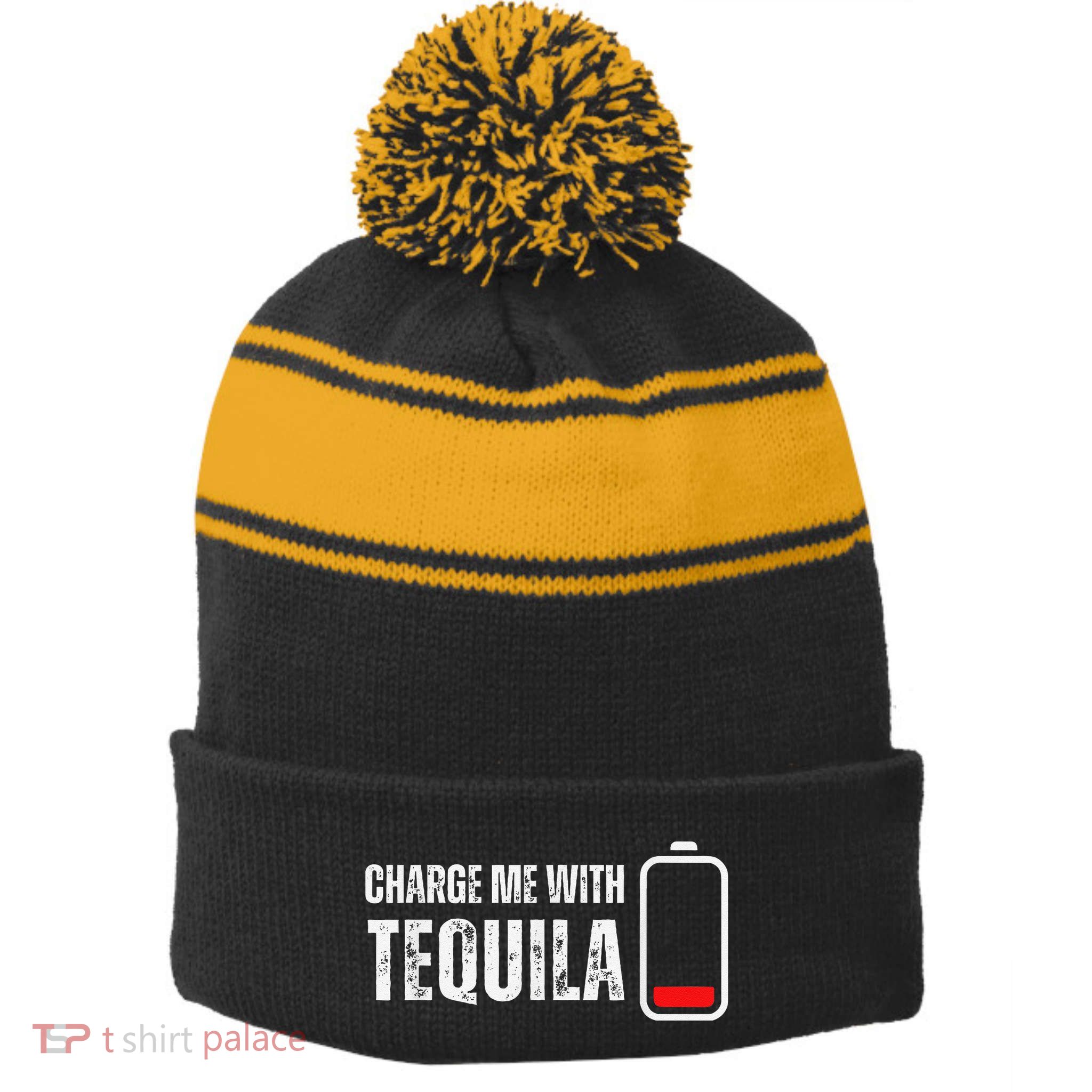 Charge Me With Tequila Funny Tequila Drinking Lover Stripe Pom Pom Beanie