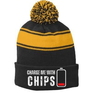 Charge Me With Chips Funny Snacks Chips Lover Stripe Pom Pom Beanie