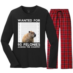 Capybara Mugshot Wanted For 93 Felonies Across The Country Women's Long Sleeve Flannel Pajama Set 