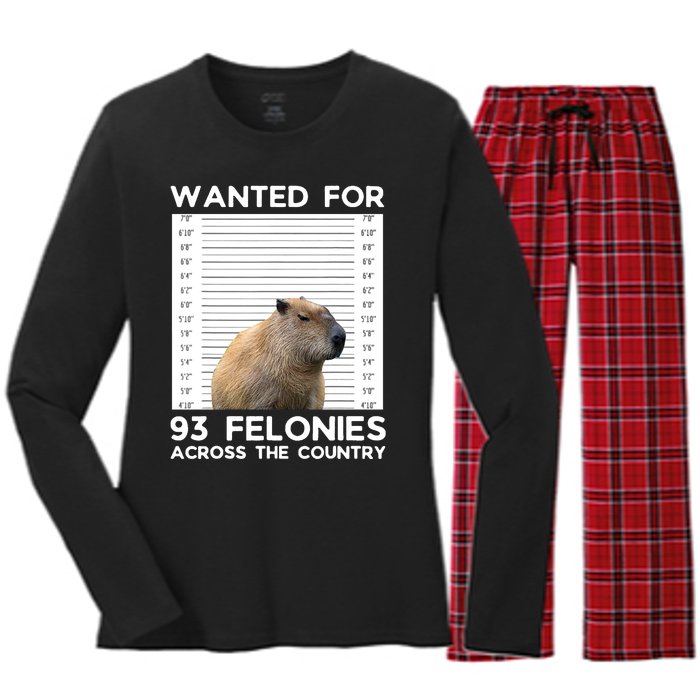 Capybara Mugshot Wanted For 93 Felonies Across The Country Women's Long Sleeve Flannel Pajama Set 