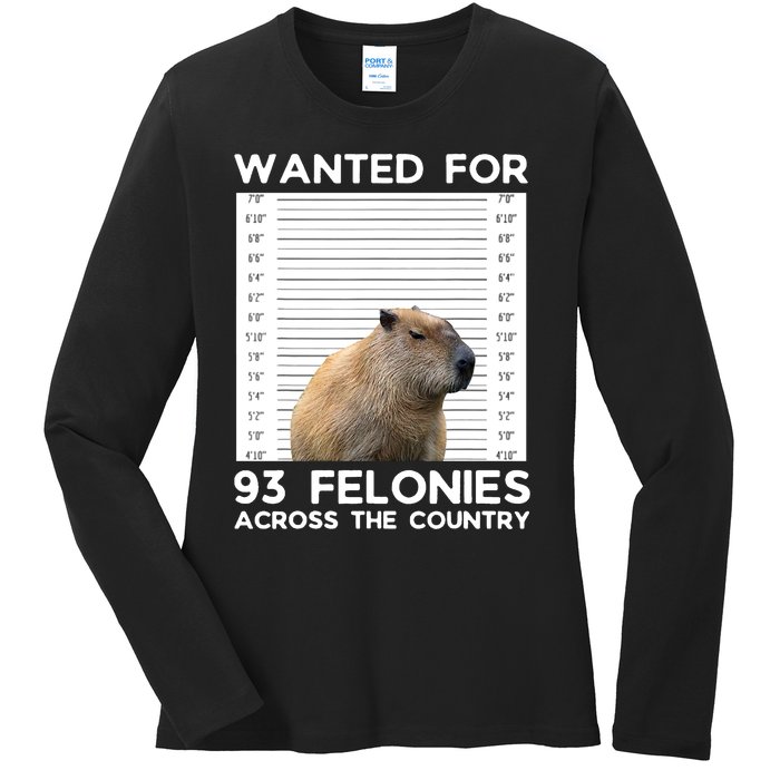 Capybara Mugshot Wanted For 93 Felonies Across The Country Ladies Long Sleeve Shirt