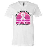 Cancer Messed With The Wrong Girl Breast Cancer Awareness V-Neck T-Shirt