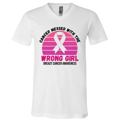 Cancer Messed With The Wrong Girl Breast Cancer Awareness V-Neck T-Shirt