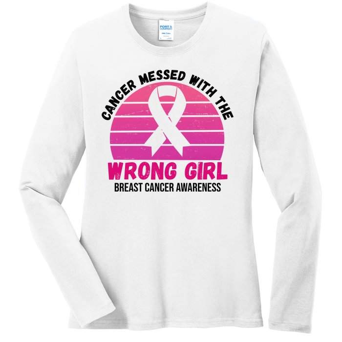 Cancer Messed With The Wrong Girl Breast Cancer Awareness Ladies Long Sleeve Shirt