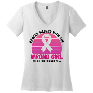 Cancer Messed With The Wrong Girl Breast Cancer Awareness Women's V-Neck T-Shirt