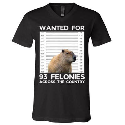 Capybara Mugshot Wanted For 93 Felonies Across The Country V-Neck T-Shirt