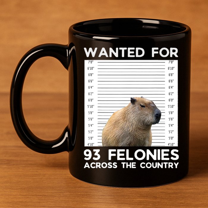 Capybara Mugshot Wanted For 93 Felonies Across The Country 11oz C Handle Ceramic Mug