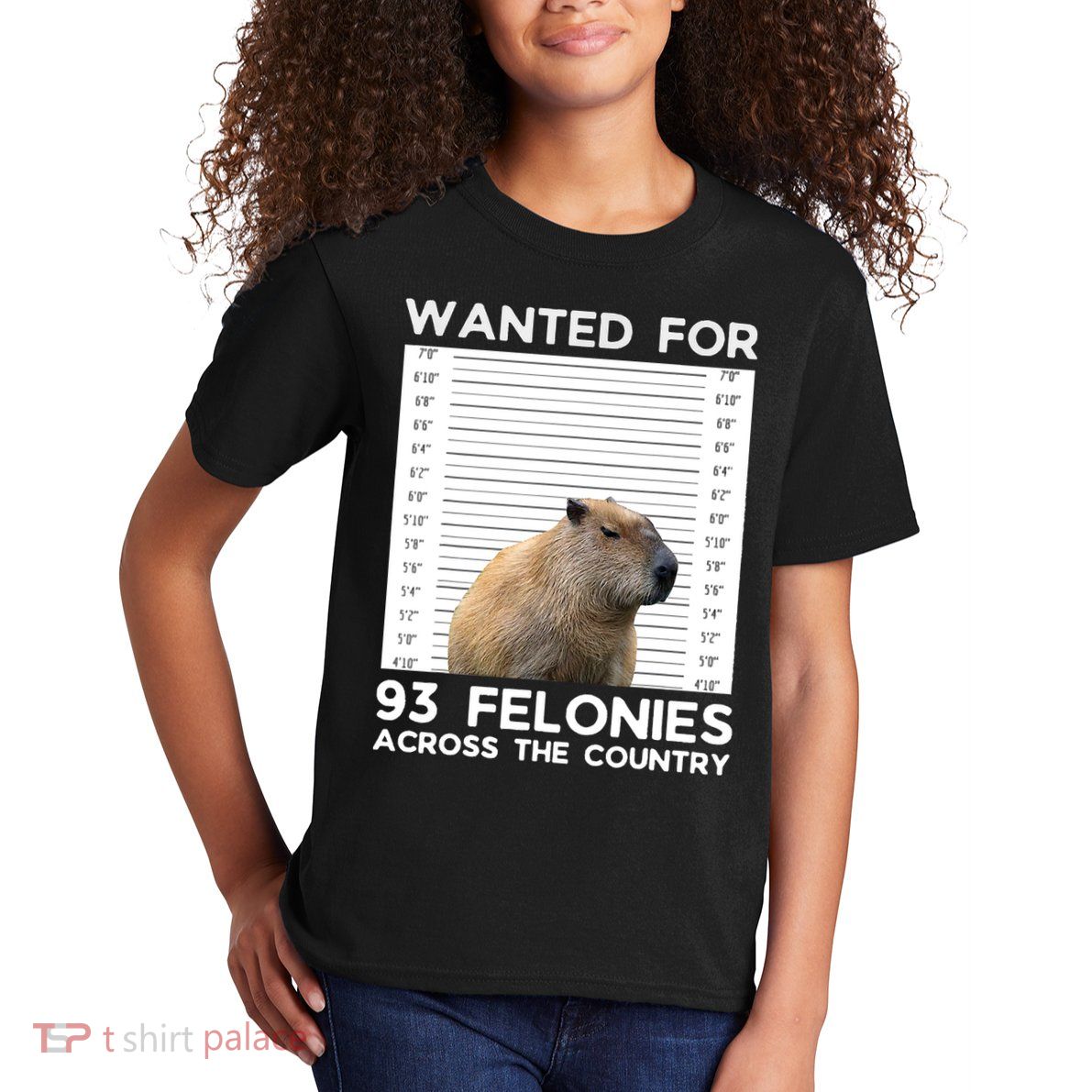 Capybara Mugshot Wanted For 93 Felonies Across The Country Kids T-Shirt