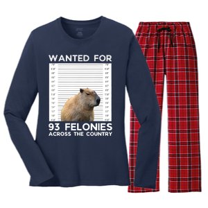 Capybara Mugshot Wanted For 93 Felonies Across The Country Women's Long Sleeve Flannel Pajama Set 