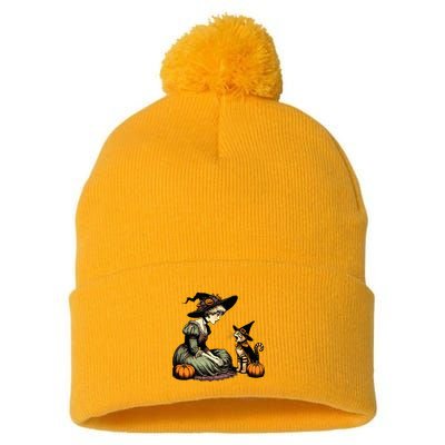 Cat Mom Witch Pumpkin Cat Halloween Women Halloween Pom Pom 12in Knit Beanie