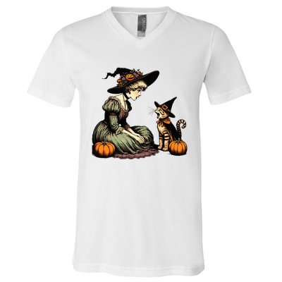 Cat Mom Witch Pumpkin Cat Halloween Women Halloween V-Neck T-Shirt