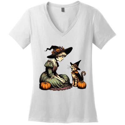 Cat Mom Witch Pumpkin Cat Halloween Women Halloween Women's V-Neck T-Shirt