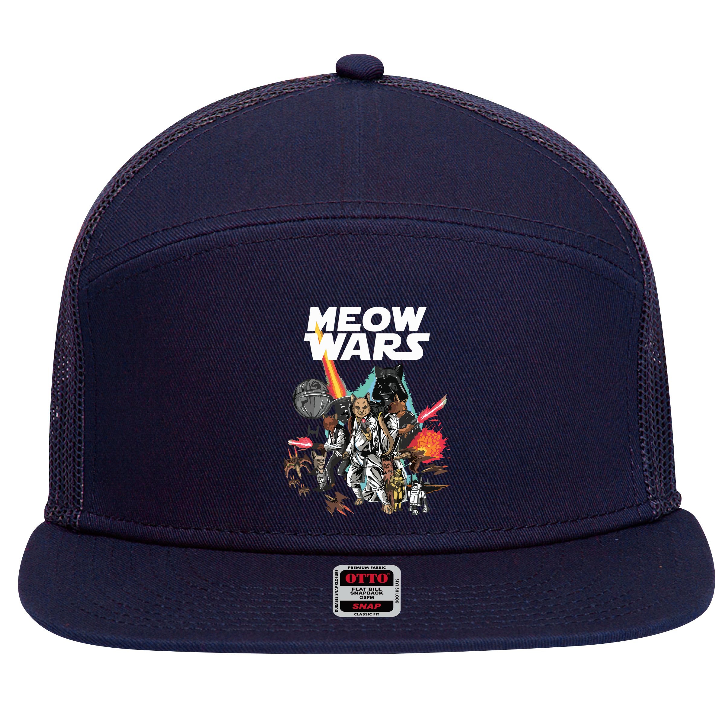 Cat Meow Wars Funny Cat Wars Cat 7 Panel Mesh Trucker Snapback Hat