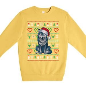 Cute Merry Xmas Ugly Christmas Wolf Wearing Santa Hat Xmas Premium Crewneck Sweatshirt