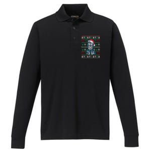 Cute Merry Xmas Ugly Christmas Wolf Wearing Santa Hat Xmas Performance Long Sleeve Polo