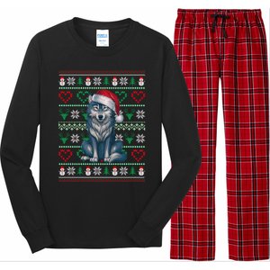 Cute Merry Xmas Ugly Christmas Wolf Wearing Santa Hat Xmas Long Sleeve Pajama Set