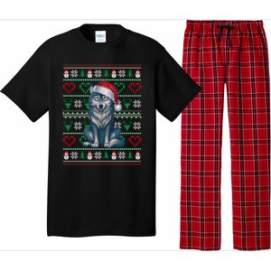 Cute Merry Xmas Ugly Christmas Wolf Wearing Santa Hat Xmas Pajama Set