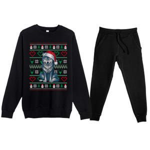 Cute Merry Xmas Ugly Christmas Wolf Wearing Santa Hat Xmas Premium Crewneck Sweatsuit Set