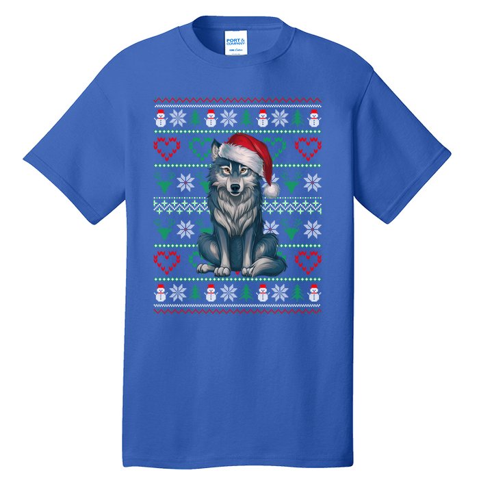 Cute Merry Xmas Ugly Christmas Wolf Wearing Santa Hat Xmas Tall T-Shirt