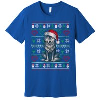 Cute Merry Xmas Ugly Christmas Wolf Wearing Santa Hat Xmas Premium T-Shirt