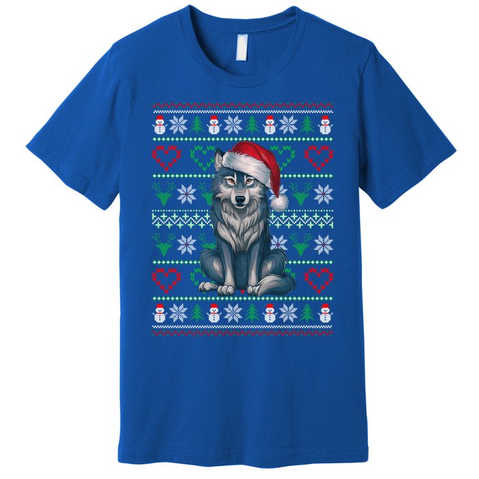 Cute Merry Xmas Ugly Christmas Wolf Wearing Santa Hat Xmas Premium T-Shirt