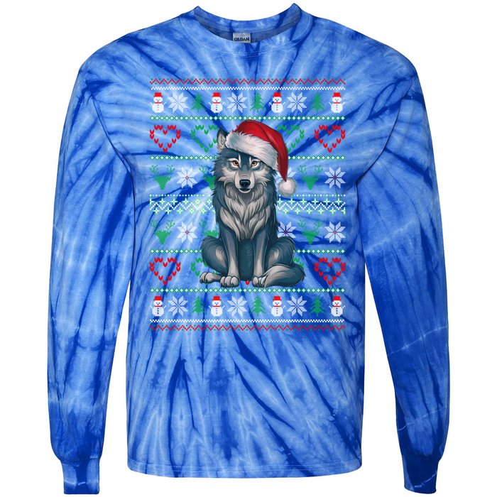 Cute Merry Xmas Ugly Christmas Wolf Wearing Santa Hat Xmas Tie-Dye Long Sleeve Shirt