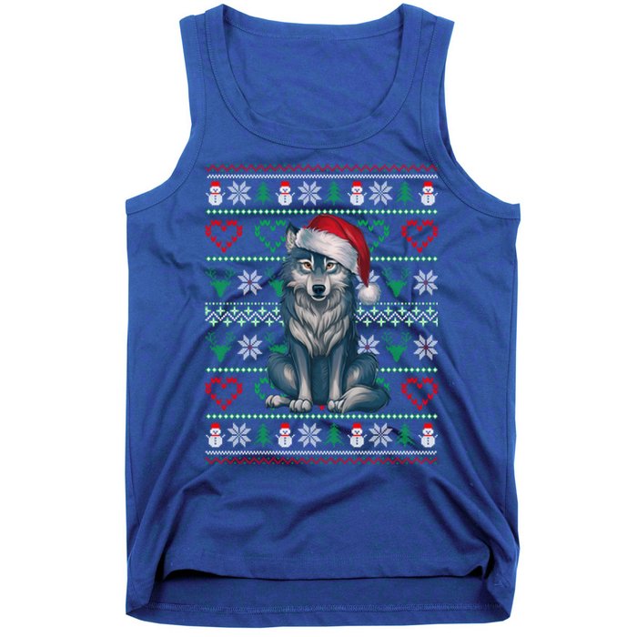 Cute Merry Xmas Ugly Christmas Wolf Wearing Santa Hat Xmas Tank Top