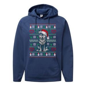 Cute Merry Xmas Ugly Christmas Wolf Wearing Santa Hat Xmas Performance Fleece Hoodie