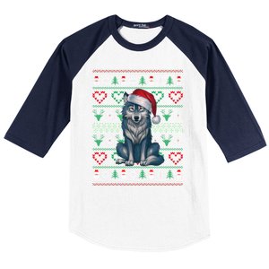 Cute Merry Xmas Ugly Christmas Wolf Wearing Santa Hat Xmas Baseball Sleeve Shirt