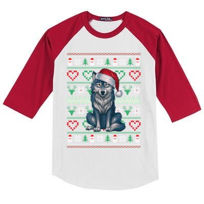 Cute Merry Xmas Ugly Christmas Wolf Wearing Santa Hat Xmas Kids Colorblock Raglan Jersey