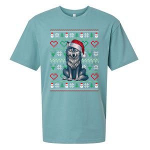 Cute Merry Xmas Ugly Christmas Wolf Wearing Santa Hat Xmas Sueded Cloud Jersey T-Shirt