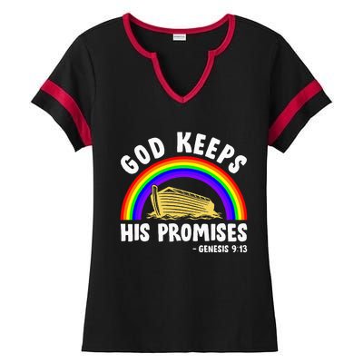 Christian Noah Ark Jesus God Keeps His Promises Rainbow Ladies Halftime Notch Neck Tee